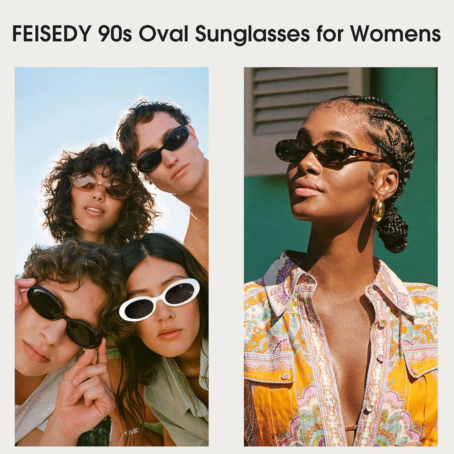 imageFEISEDY Retro Oval Sunglasses for Women Men 90s Small Oval Round Shades UV400 Protection Sunnies B9072