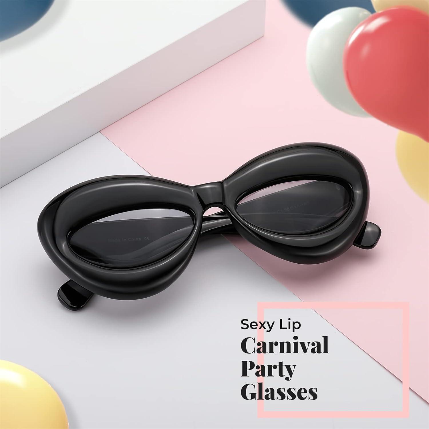 imageFEISEDY Sunglasses Womens Inflated Fun Lip Shape Sun Glasses Men Cat Eye Thick Frame for Festival Party B4126 Black