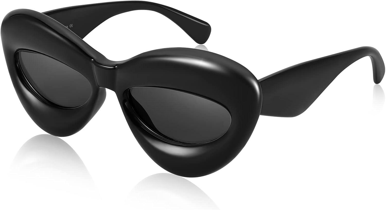 imageFEISEDY Sunglasses Womens Inflated Fun Lip Shape Sun Glasses Men Cat Eye Thick Frame for Festival Party B4126 Black