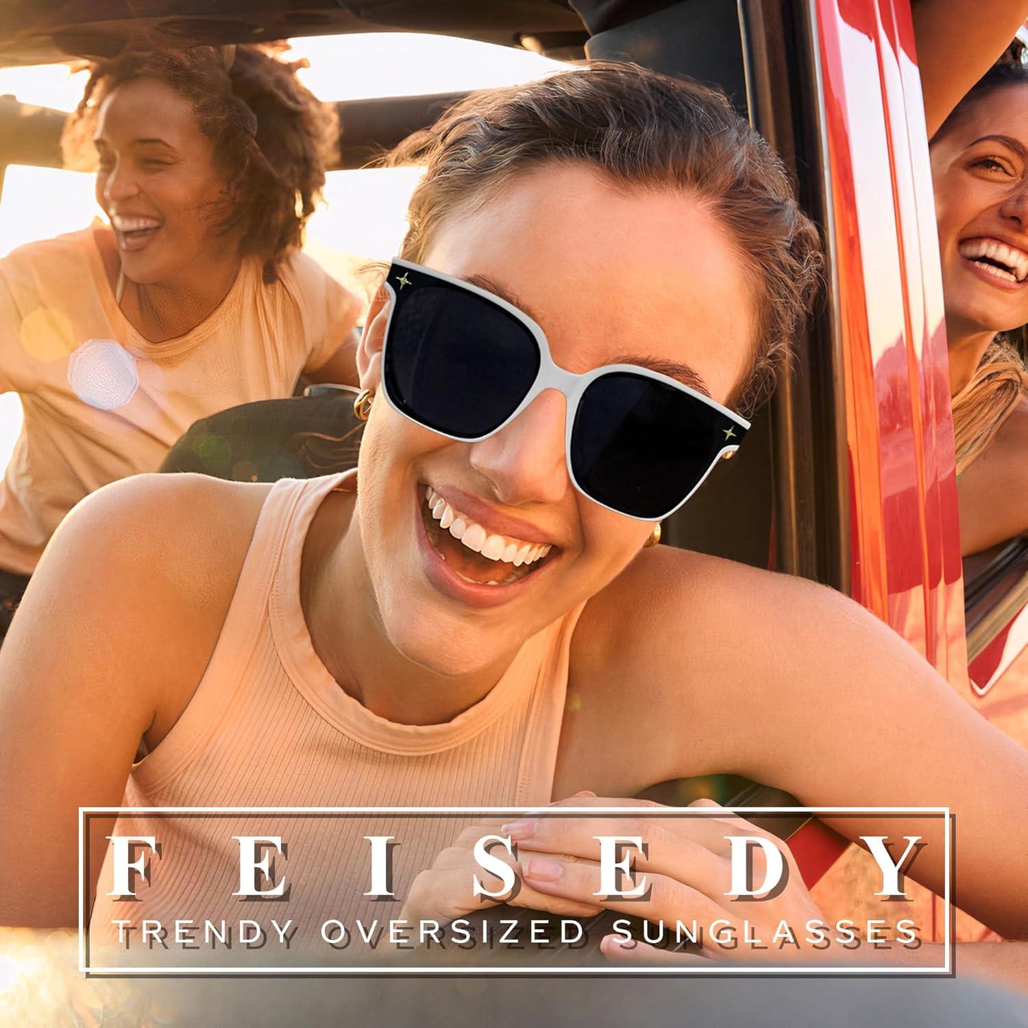 imageFEISEDY Trendy Oversized Sunglasses Women Shiny Square Vintage Cute Simple Men Sun Glasses UV400 B0131White Frame Grey Lens