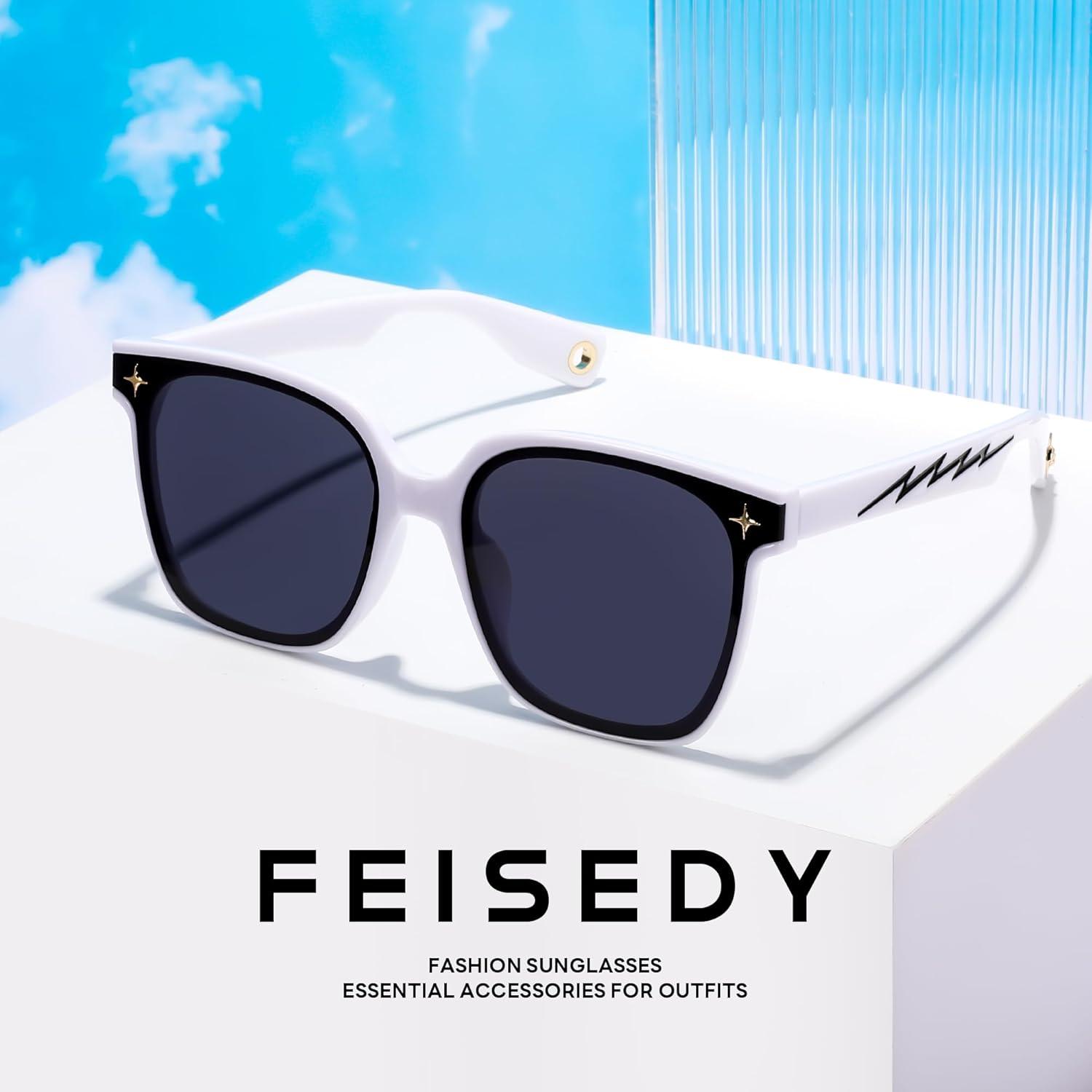 imageFEISEDY Trendy Oversized Sunglasses Women Shiny Square Vintage Cute Simple Men Sun Glasses UV400 B0131White Frame Grey Lens