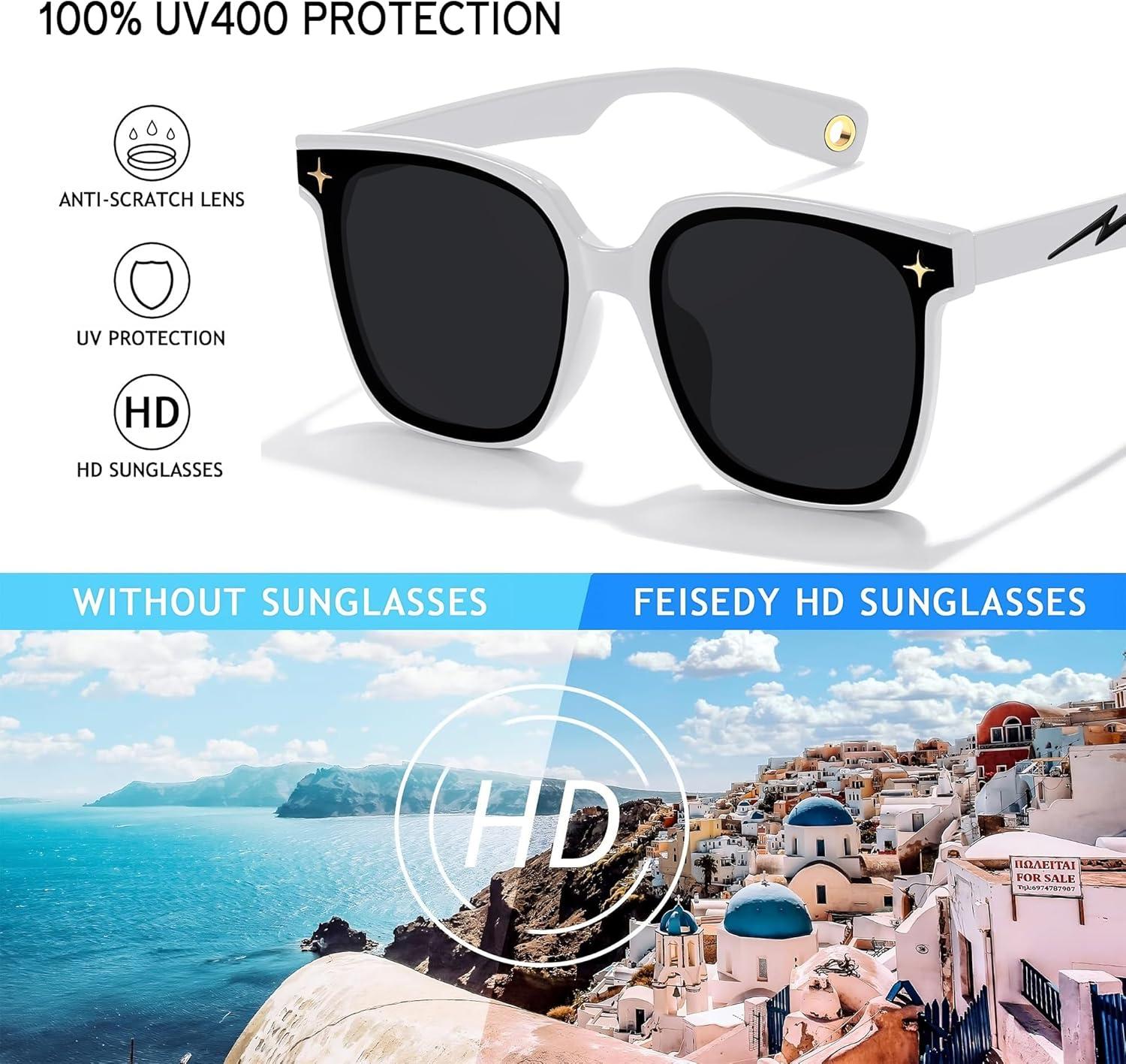 imageFEISEDY Trendy Oversized Sunglasses Women Shiny Square Vintage Cute Simple Men Sun Glasses UV400 B0131White Frame Grey Lens
