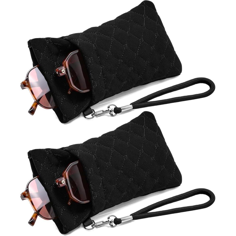 imageFEISEDY 2Pack Double Glasses Case Soft Eyeglass Pouch Squeeze Top Sunglasses Bag with Wrist Strap B0363Linenblackblack