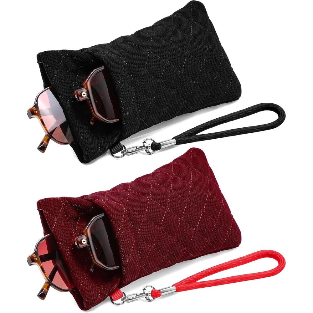 imageFEISEDY 2Pack Double Glasses Case Soft Eyeglass Pouch Squeeze Top Sunglasses Bag with Wrist Strap B0363Linenblackred