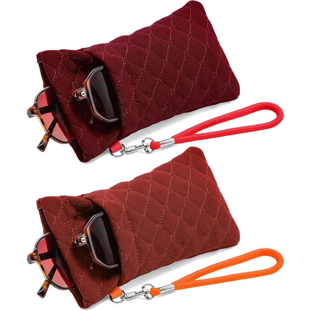 imageFEISEDY 2Pack Double Glasses Case Soft Eyeglass Pouch Squeeze Top Sunglasses Bag with Wrist Strap B0363Linenredorange