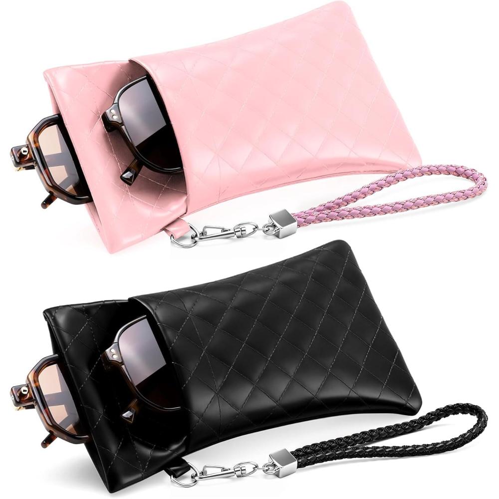 imageFEISEDY 2Pack Double Glasses Case Soft Eyeglass Pouch Squeeze Top Sunglasses Bag with Wrist Strap B0363Publackpink