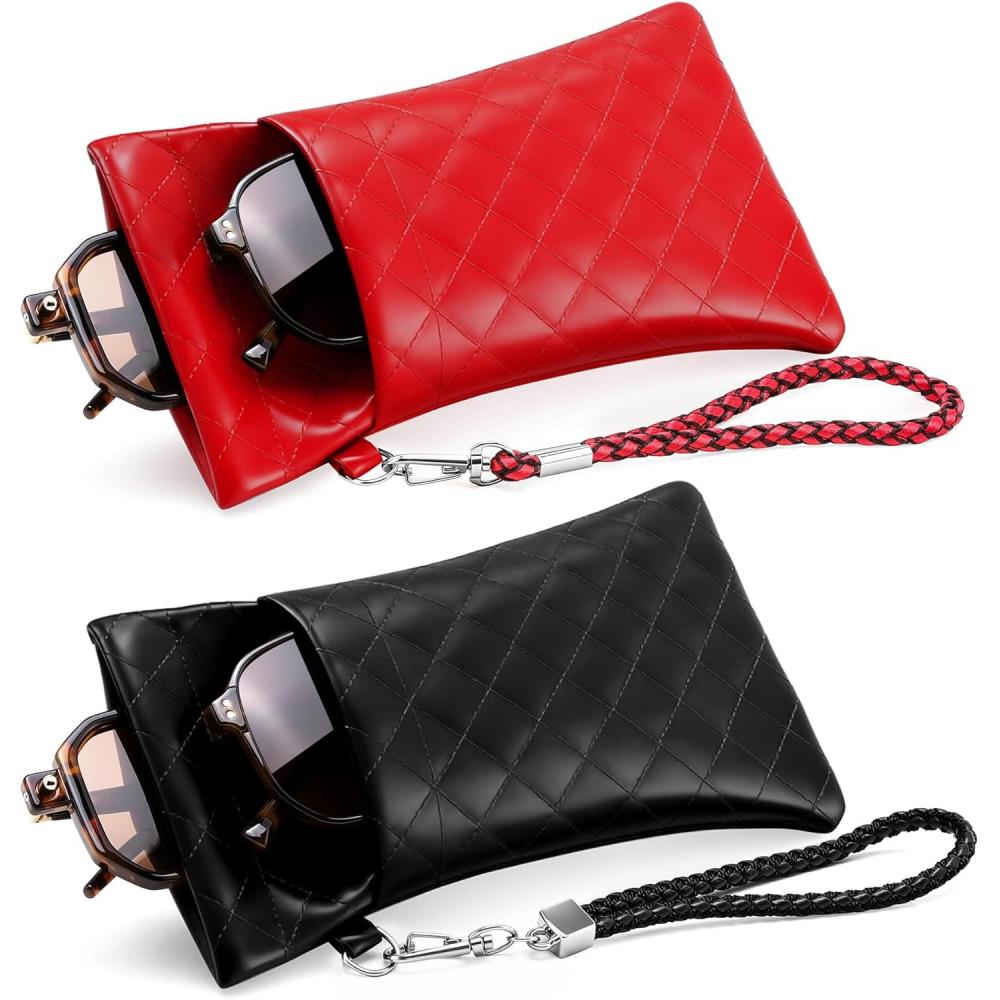 imageFEISEDY 2Pack Double Glasses Case Soft Eyeglass Pouch Squeeze Top Sunglasses Bag with Wrist Strap B0363Publackred