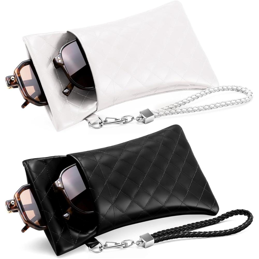 imageFEISEDY 2Pack Double Glasses Case Soft Eyeglass Pouch Squeeze Top Sunglasses Bag with Wrist Strap B0363Publackwhite