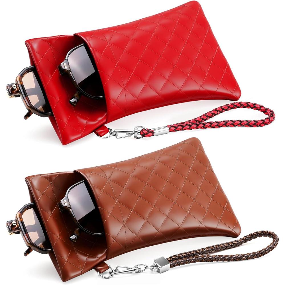 imageFEISEDY 2Pack Double Glasses Case Soft Eyeglass Pouch Squeeze Top Sunglasses Bag with Wrist Strap B0363Pubrownred