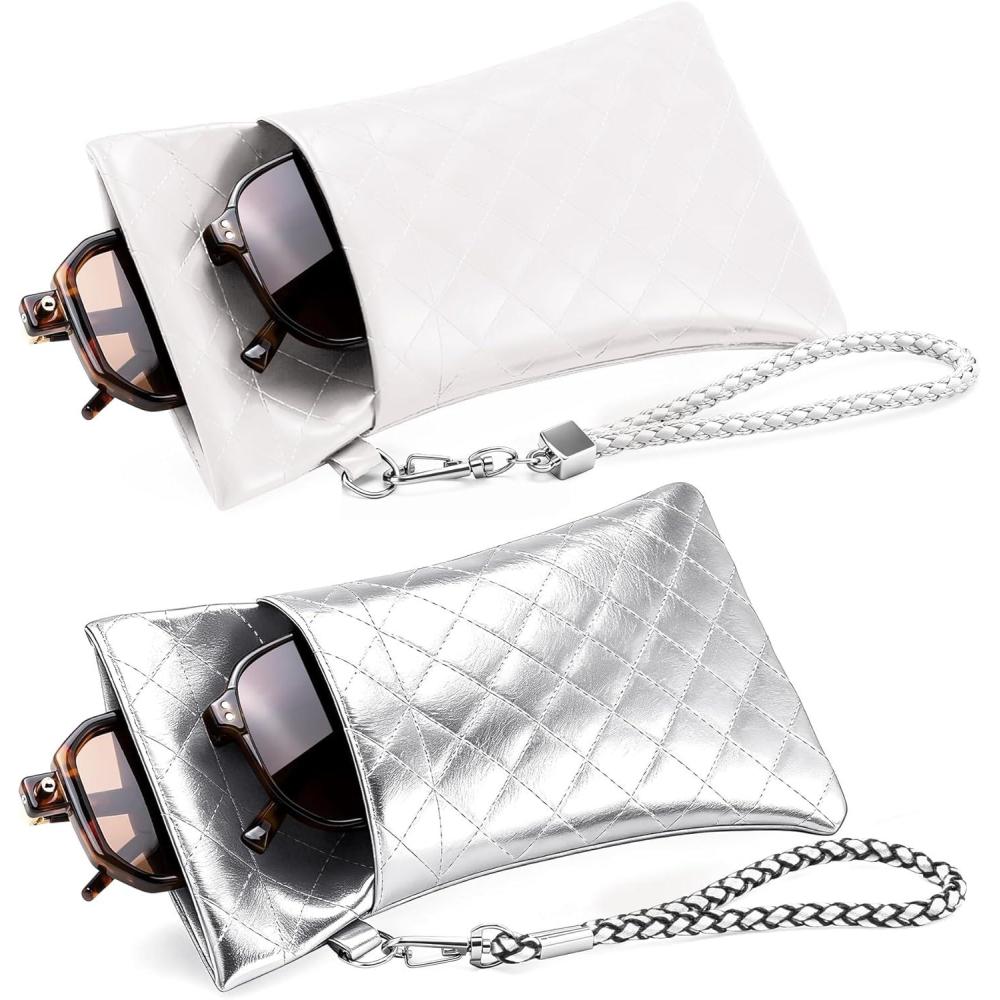 imageFEISEDY 2Pack Double Glasses Case Soft Eyeglass Pouch Squeeze Top Sunglasses Bag with Wrist Strap B0363Puwhitesilver