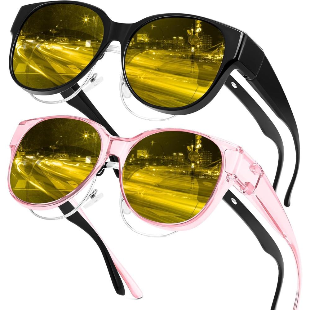 imageFEISEDY 2Pack Night Driving Glasses Over Glasses with Yellow Lenses Fit Over Polarized Nighttime Sunglasses B0331Black Frame Transparent Pink Frame