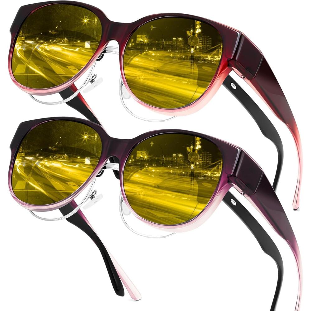 imageFEISEDY 2Pack Night Driving Glasses Over Glasses with Yellow Lenses Fit Over Polarized Nighttime Sunglasses B0331Gradual Wine Red Frame Graduan Purple Frame