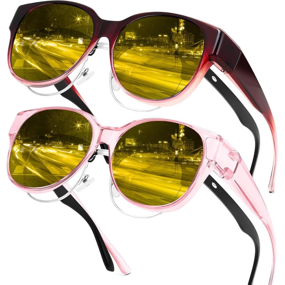 imageFEISEDY 2Pack Night Driving Glasses Over Glasses with Yellow Lenses Fit Over Polarized Nighttime Sunglasses B0331Gradual Wine Red Frame Transparent Pink Frame