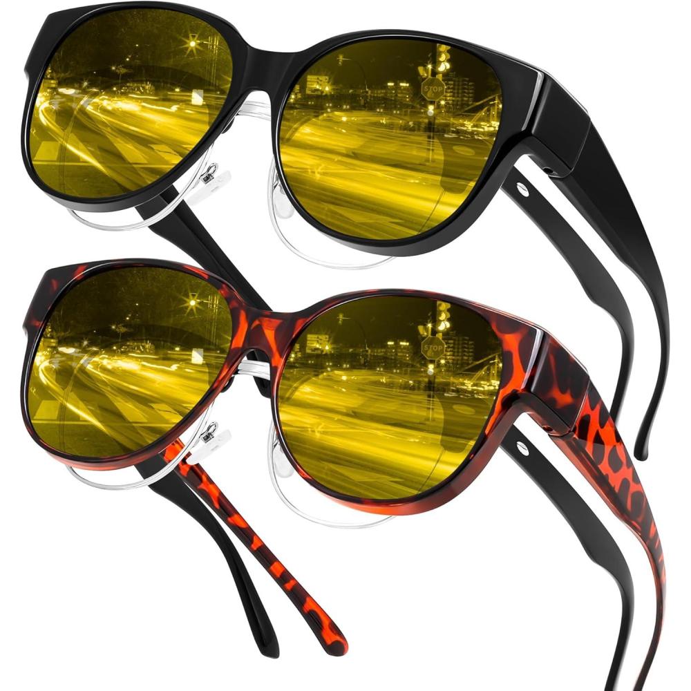 imageFEISEDY 2Pack Night Driving Glasses Over Glasses with Yellow Lenses Fit Over Polarized Nighttime Sunglasses B0331Yellow Leopard Frame Black Frame