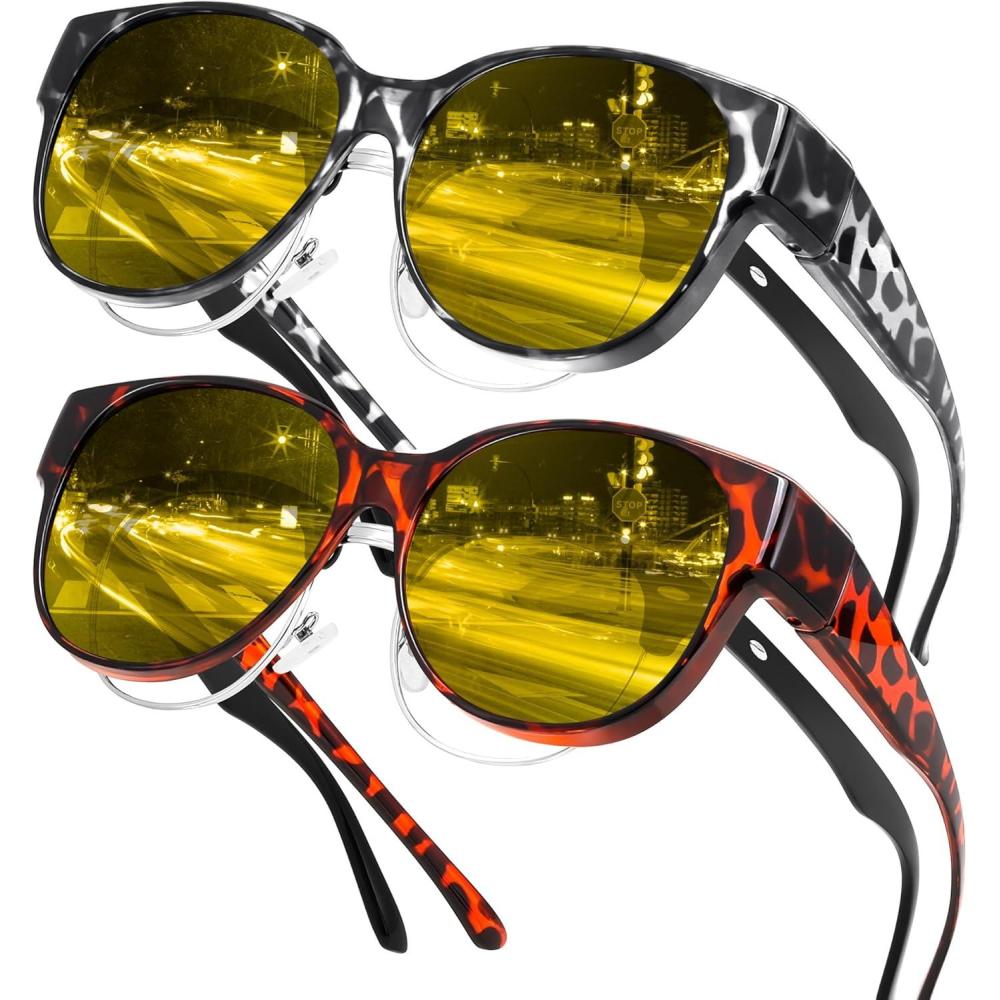imageFEISEDY 2Pack Night Driving Glasses Over Glasses with Yellow Lenses Fit Over Polarized Nighttime Sunglasses B0331Yellow Leopard Frame Grey Leopard Frame