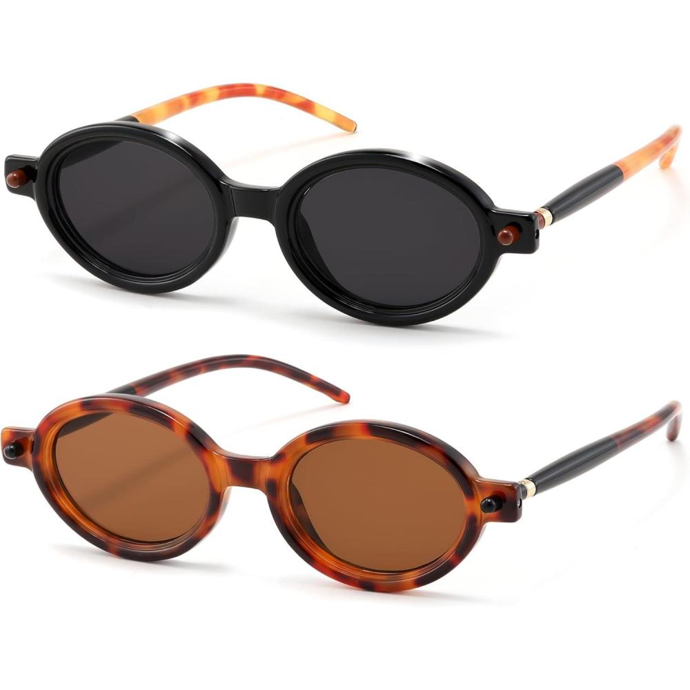 imageFEISEDY 2Pack Retro Oval Sunglasses for Women Men 90s Narrow Small Round Shades Y2k Trendy Sunnies UV400 B0280