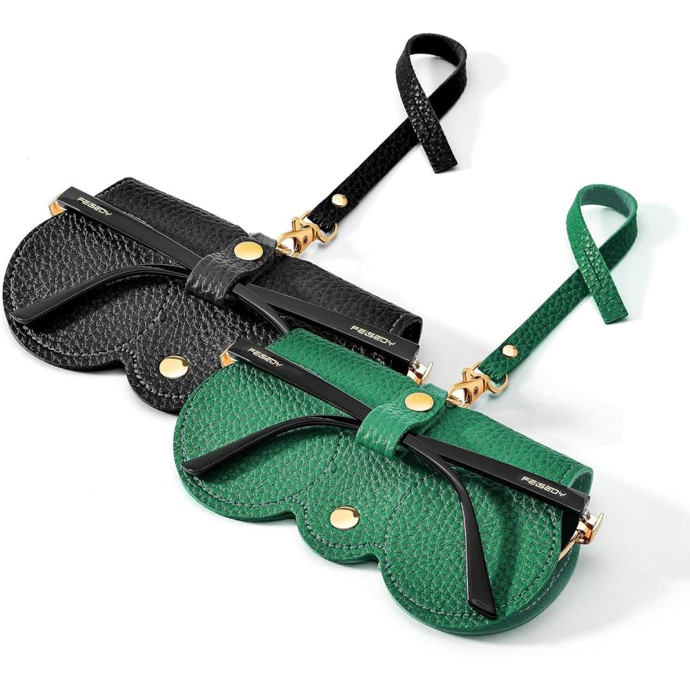 imageFEISEDY 2Pack Soft Leather Sunglass Bag Holder Eyeglasses Case Portable Glasses Pouch With Button Clip Wrist Strap B0049Blackgreen