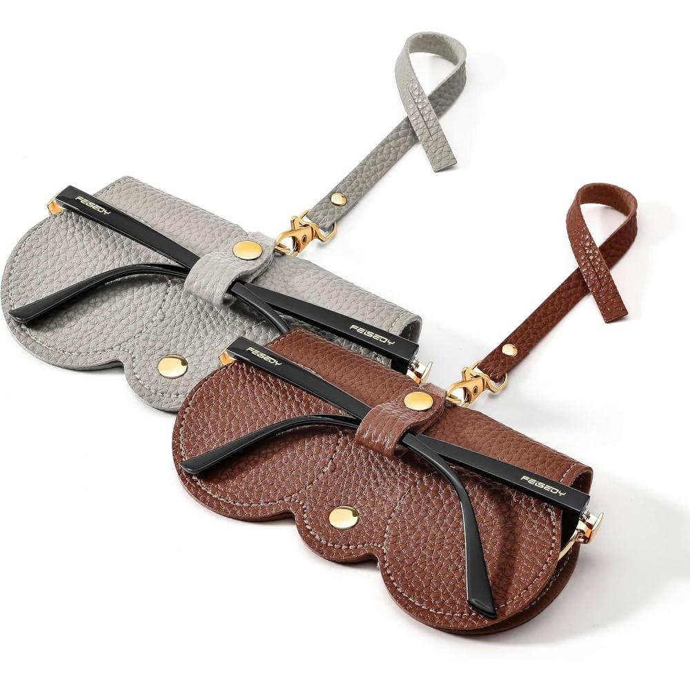 imageFEISEDY 2Pack Soft Leather Sunglass Bag Holder Eyeglasses Case Portable Glasses Pouch With Button Clip Wrist Strap B0049Grey Brown