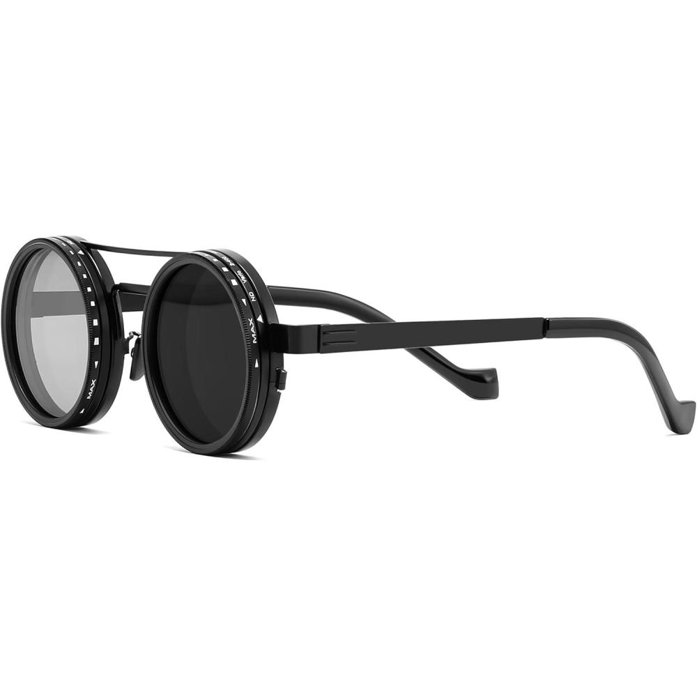 imageFEISEDY Adjustable Tint Polarized Sunglasses 19 Gear Manual Dimming Steampunk Round UV400 ND Filter Lenses B1400Black Aviator 0319