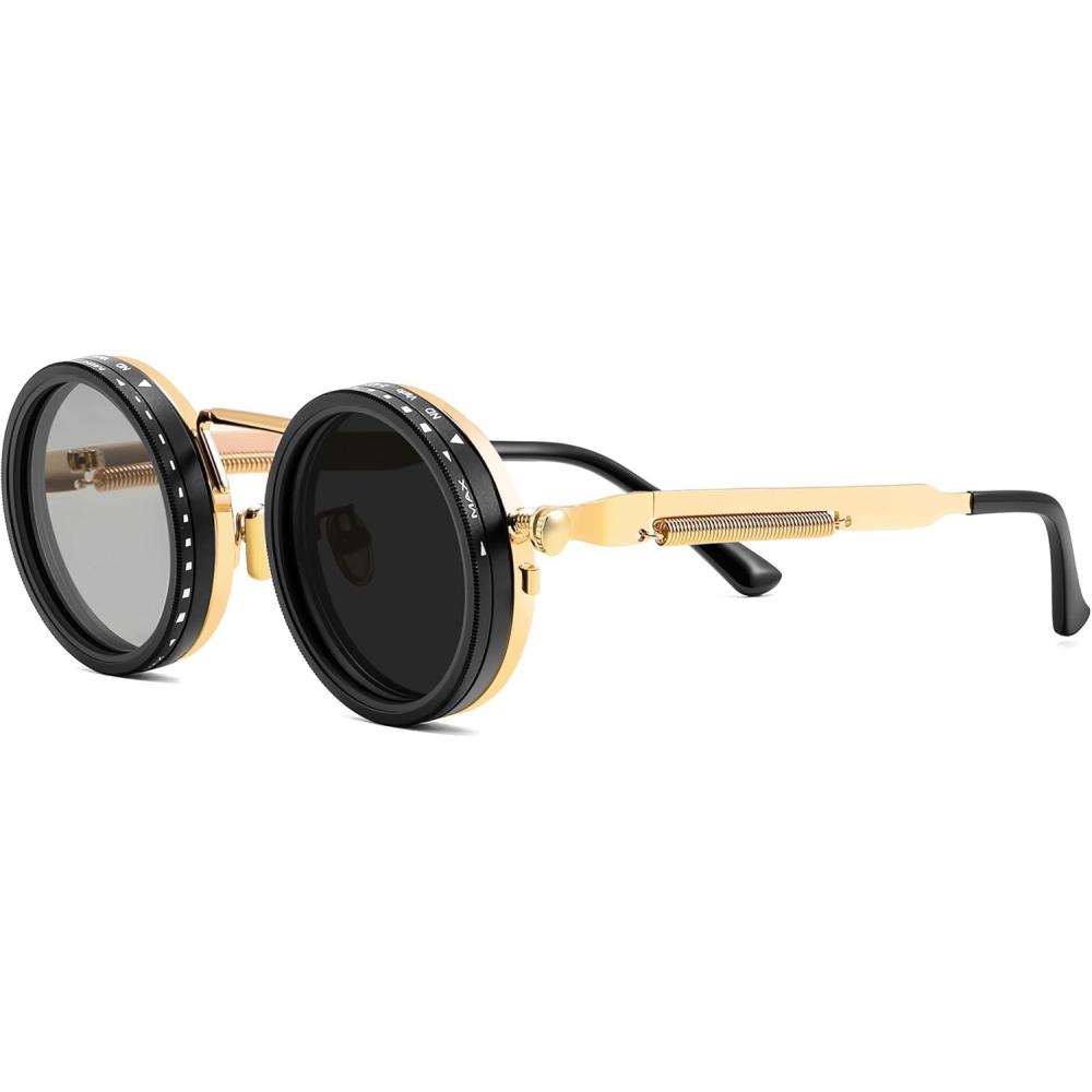 imageFEISEDY Adjustable Tint Polarized Sunglasses 19 Gear Manual Dimming Steampunk Round UV400 ND Filter Lenses B1400Golden