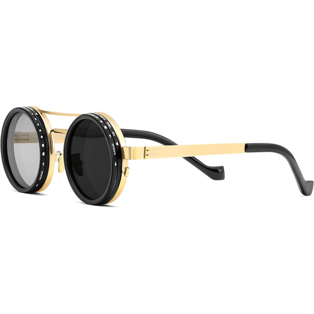 imageFEISEDY Adjustable Tint Polarized Sunglasses 19 Gear Manual Dimming Steampunk Round UV400 ND Filter Lenses B1400Golden Aviator 0319