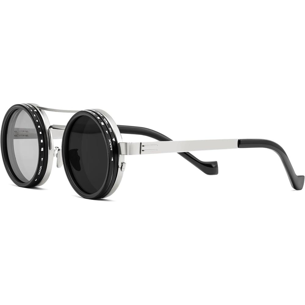 imageFEISEDY Adjustable Tint Polarized Sunglasses 19 Gear Manual Dimming Steampunk Round UV400 ND Filter Lenses B1400Sliver Aviator 0319