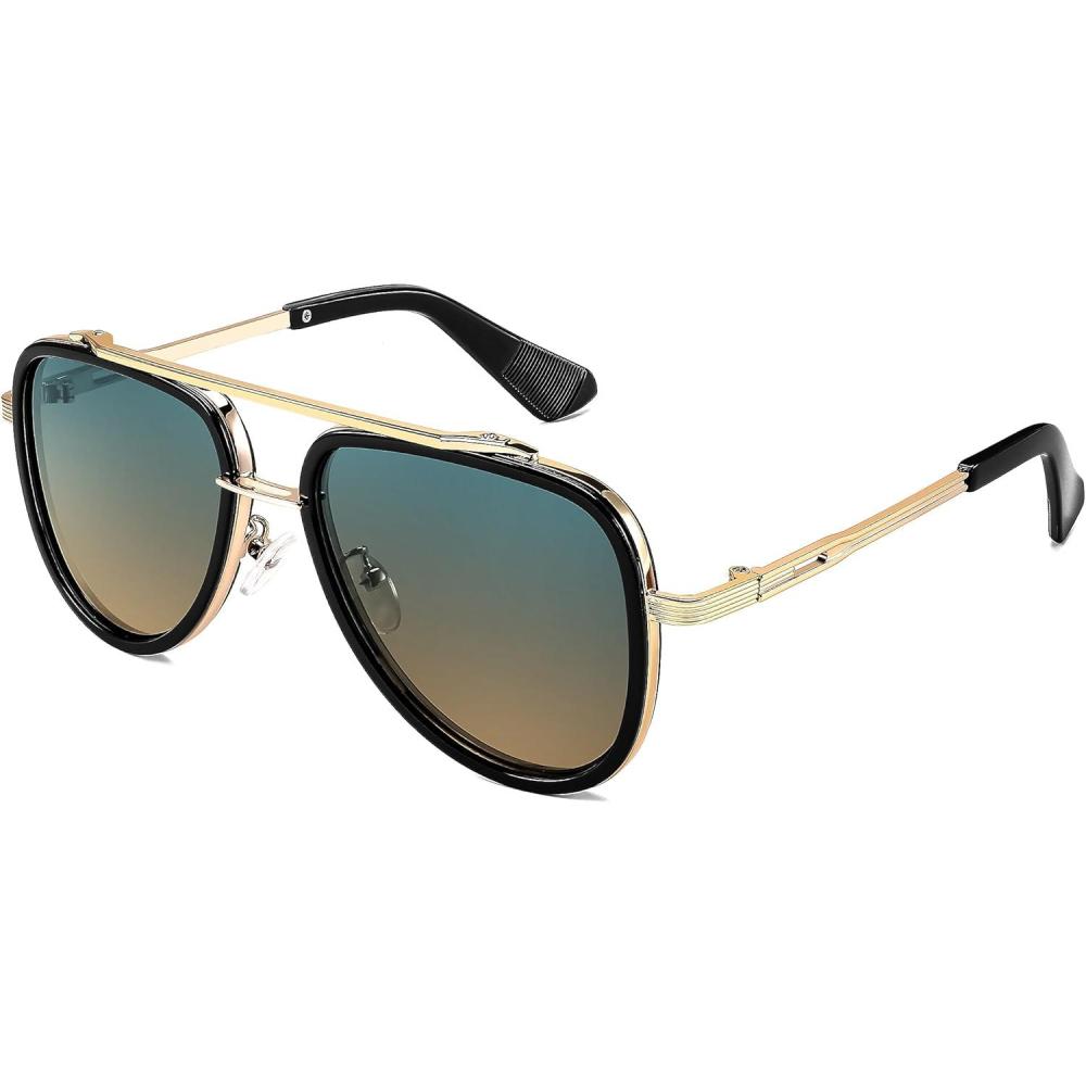 imageFEISEDY Aviator Sunglasses Men Women Square Retro 70s Vintage Classic Frame UV400 Driving Fishing Golf Hiking B0036Gradient Greenyellow Lenses 05