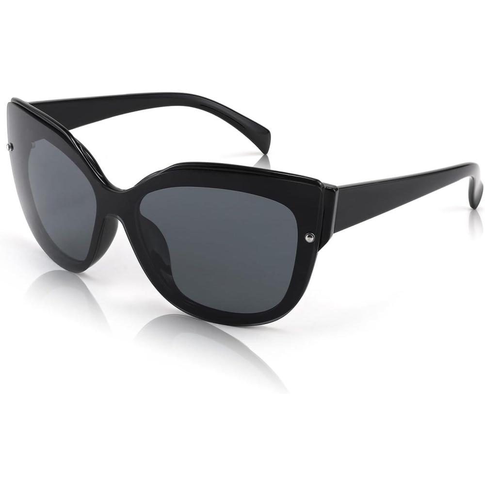 imageFEISEDY Cat Eye Sunglasses Polarized for Women MenRimless Mirrored Sunglasses Oversized Trendy Retro Sun Glasses B2796001 Bright Black Frame Black Gray Lens