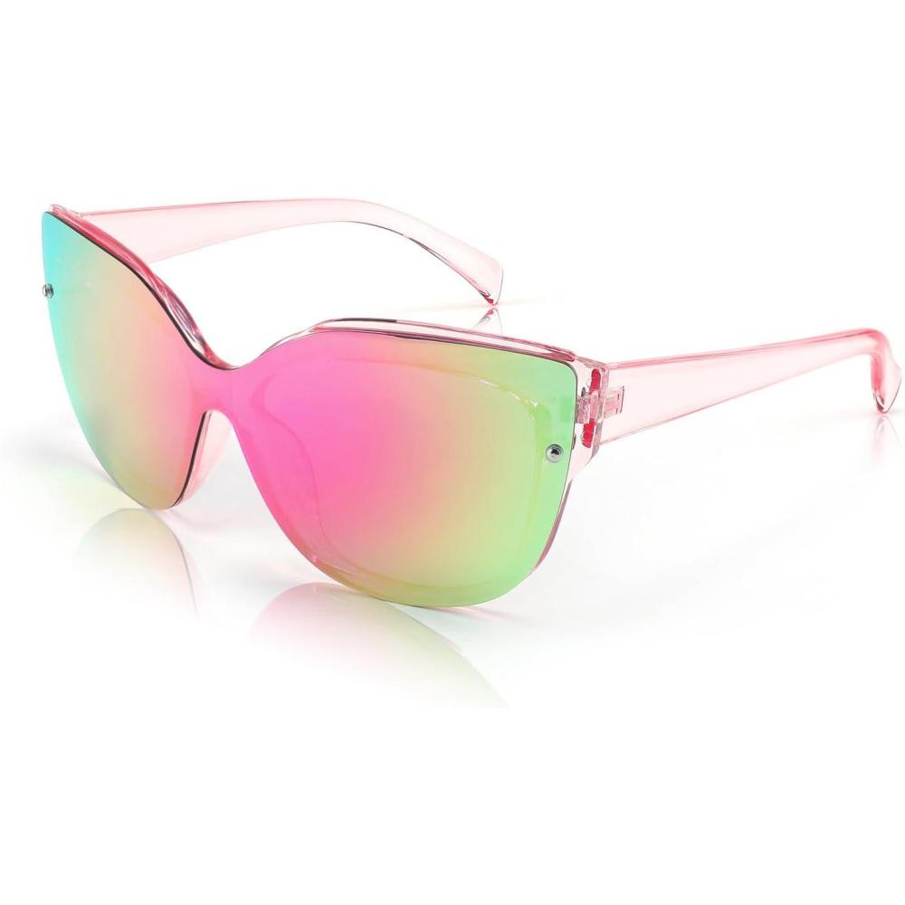imageFEISEDY Cat Eye Sunglasses Polarized for Women MenRimless Mirrored Sunglasses Oversized Trendy Retro Sun Glasses B2796002 Transparent Pink Frame Pink Mirror Lens