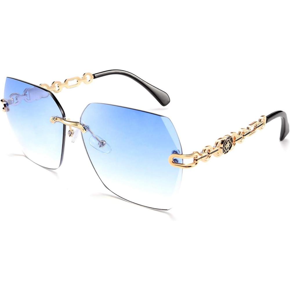 imageFEISEDY Classic Rimless Sunglasses Women Metal Frame Diamond Cutting Lens Sun Glasses B2567003 Blue