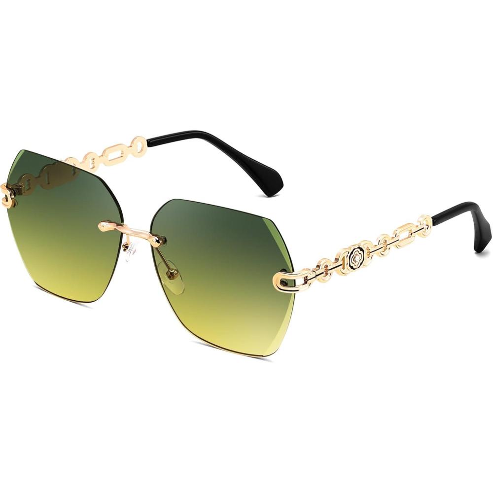 imageFEISEDY Classic Rimless Sunglasses Women Metal Frame Diamond Cutting Lens Sun Glasses B2567008 Greenyellow