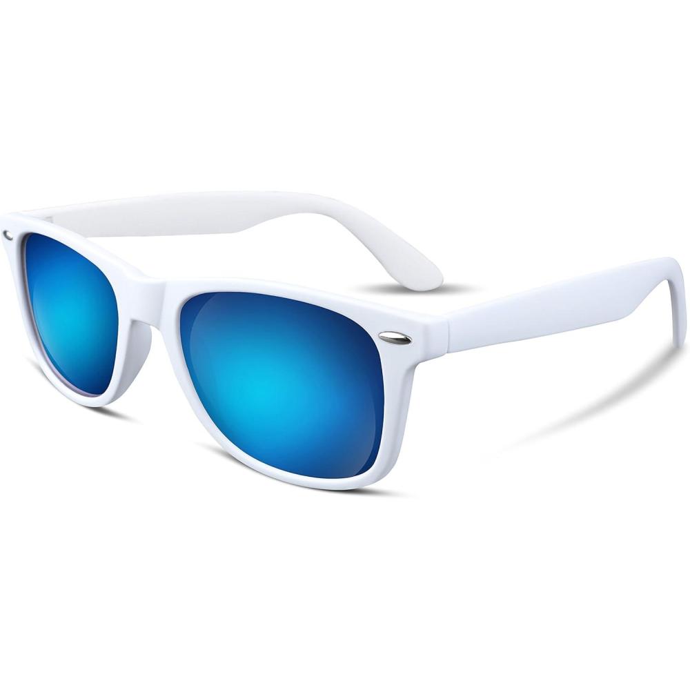 imageFEISEDY Classic Square Retro Polarized Sunglasses Women Men 80s Sun Glasses Trendy UV400 B1858Frosted White Frame Blue Mirror Lens