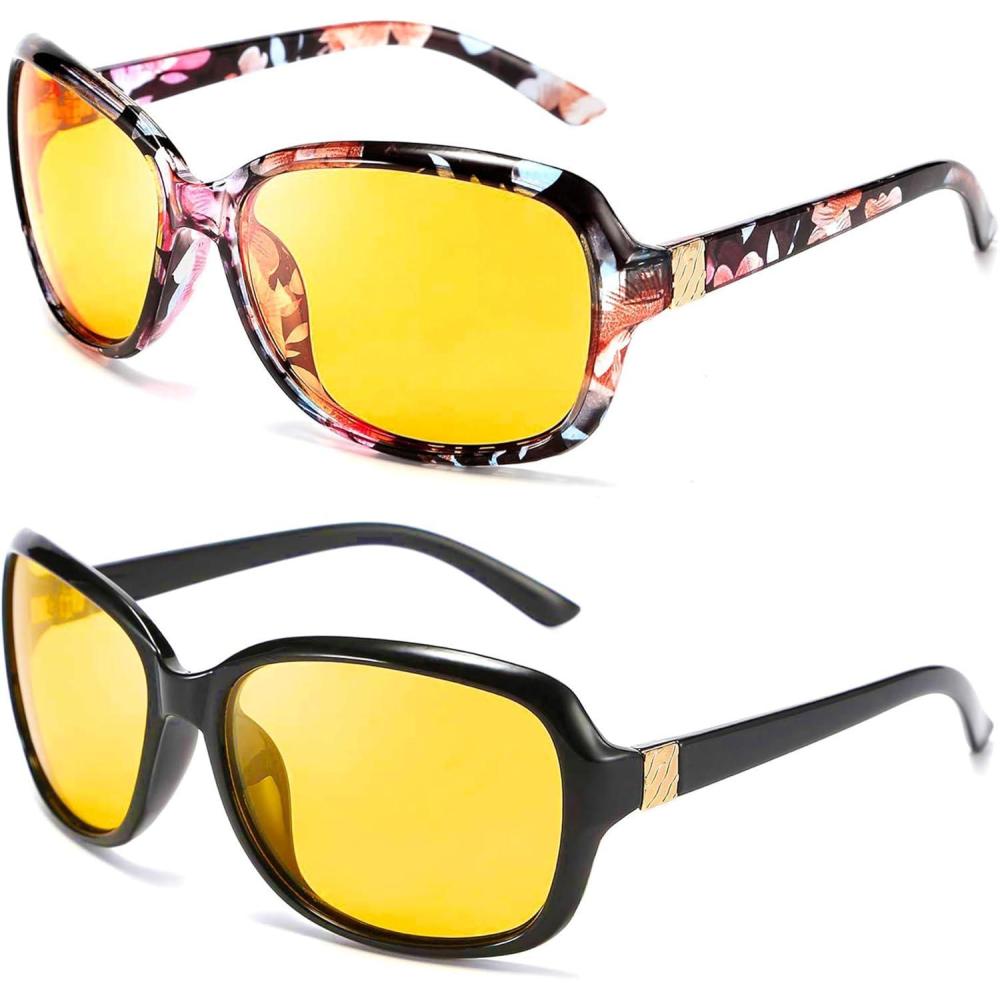 imageFEISEDY Classic Womens Night Glasses Driving Anti Glare Wrap Around Yellow Sunglasses B2548Z2pack Floral Black