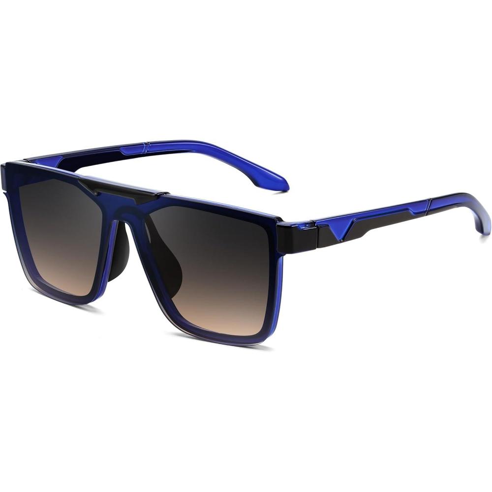 imageFEISEDY Fashion Sunglasses Womens Men Flat Top Square Trendy Visor Shades UV400 B0211Translucent Blue Frame Gray Tea Lenses