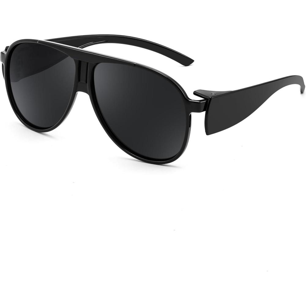 imageFEISEDY Fit Over Glasses Polarized Oversized Sunglasses for Women Men Trendy Retro Aviator UV Protection Sunglasses B0246Black Framed and Black Grey Lens