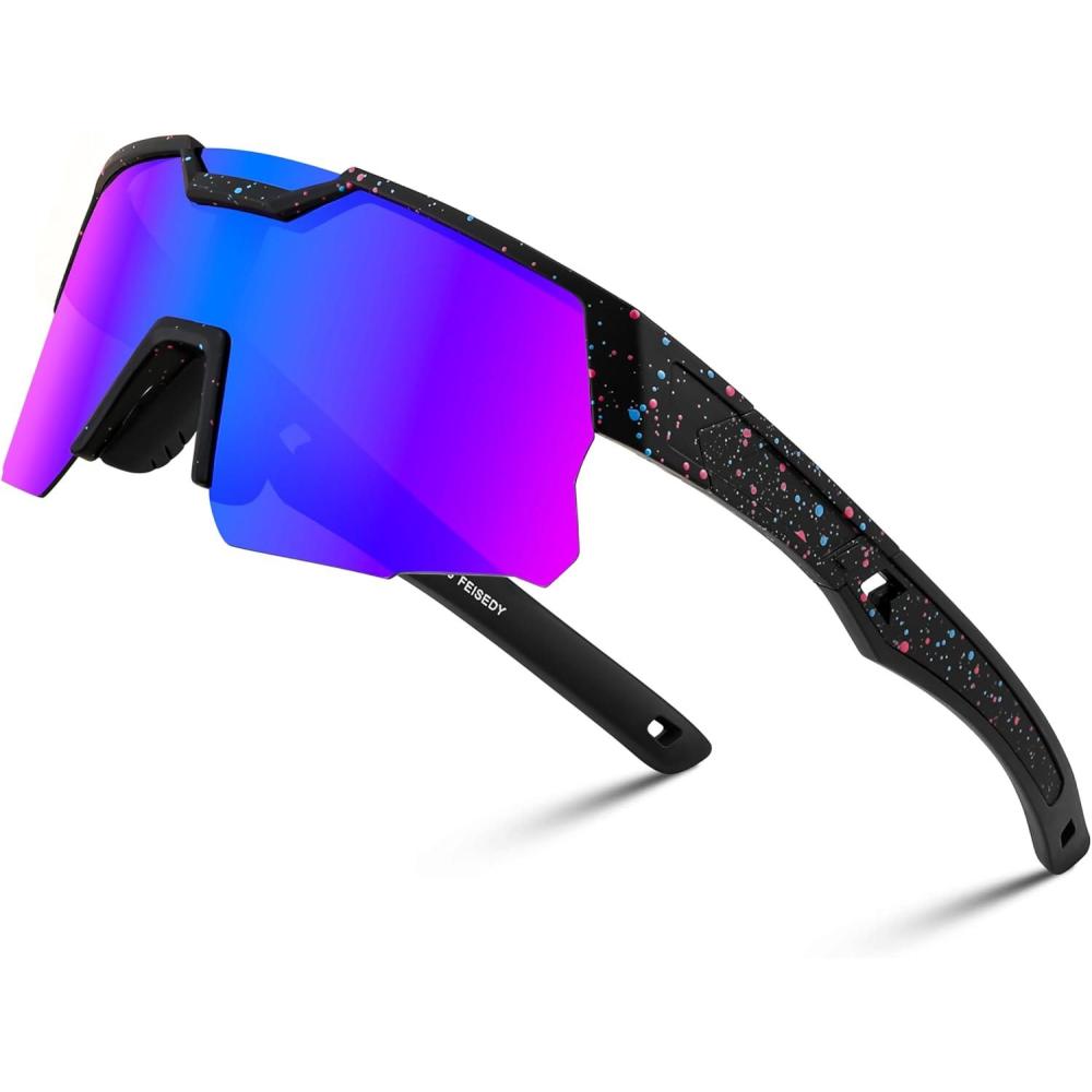 imageFEISEDY Kids Sunglasses Youth Baseball Sun Glasses UV400 Sports Teens Cycling Shades for Boys Girls Age 816 B0048Black Frame Blue Mirrored Lens