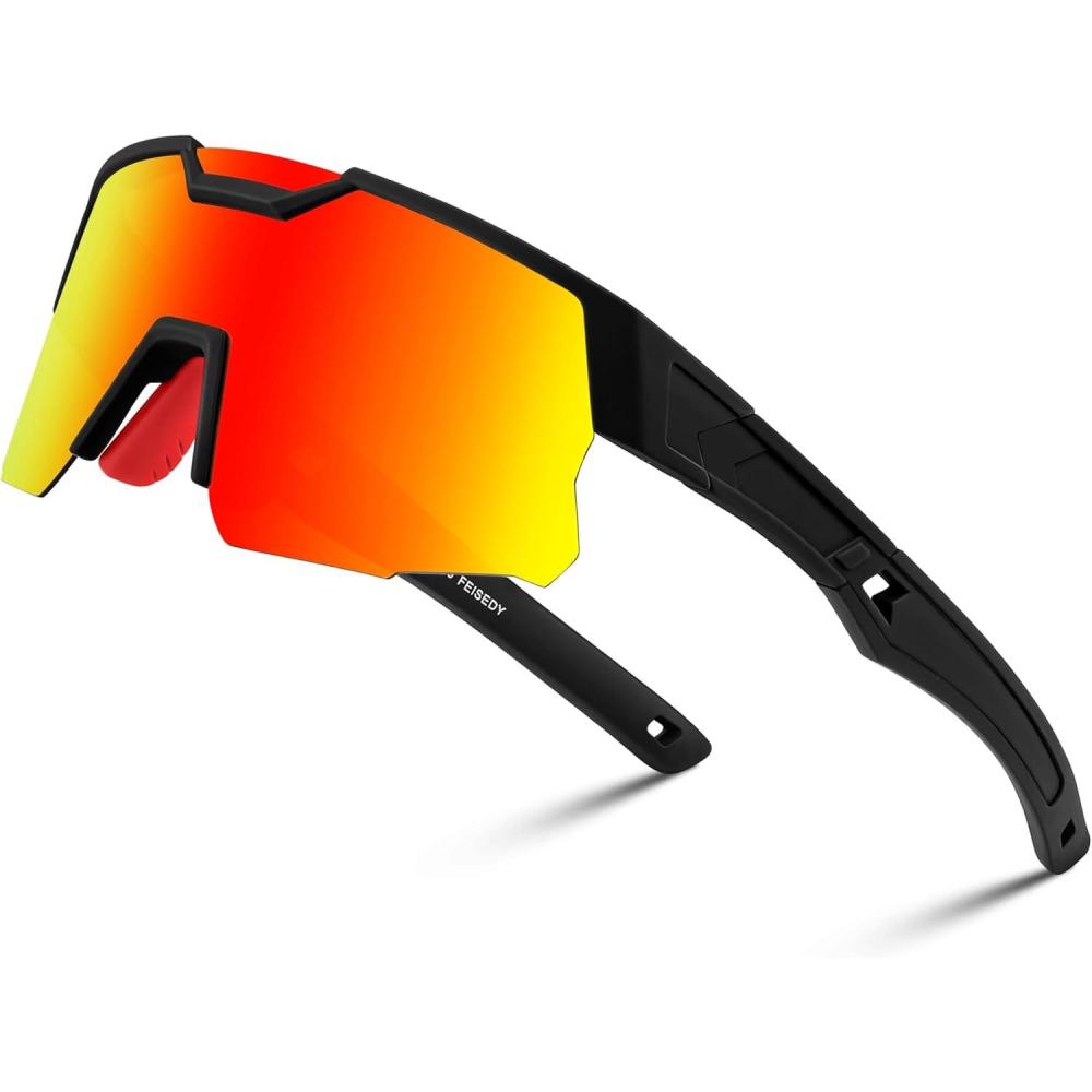 imageFEISEDY Kids Sunglasses Youth Baseball Sun Glasses UV400 Sports Teens Cycling Shades for Boys Girls Age 816 B0048Black Frame Red Mirrored Lens