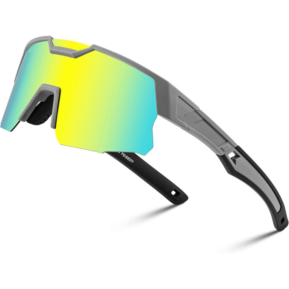 imageFEISEDY Kids Sunglasses Youth Baseball Sun Glasses UV400 Sports Teens Cycling Shades for Boys Girls Age 816 B0048Grey Frame Gold Mirrored Lens