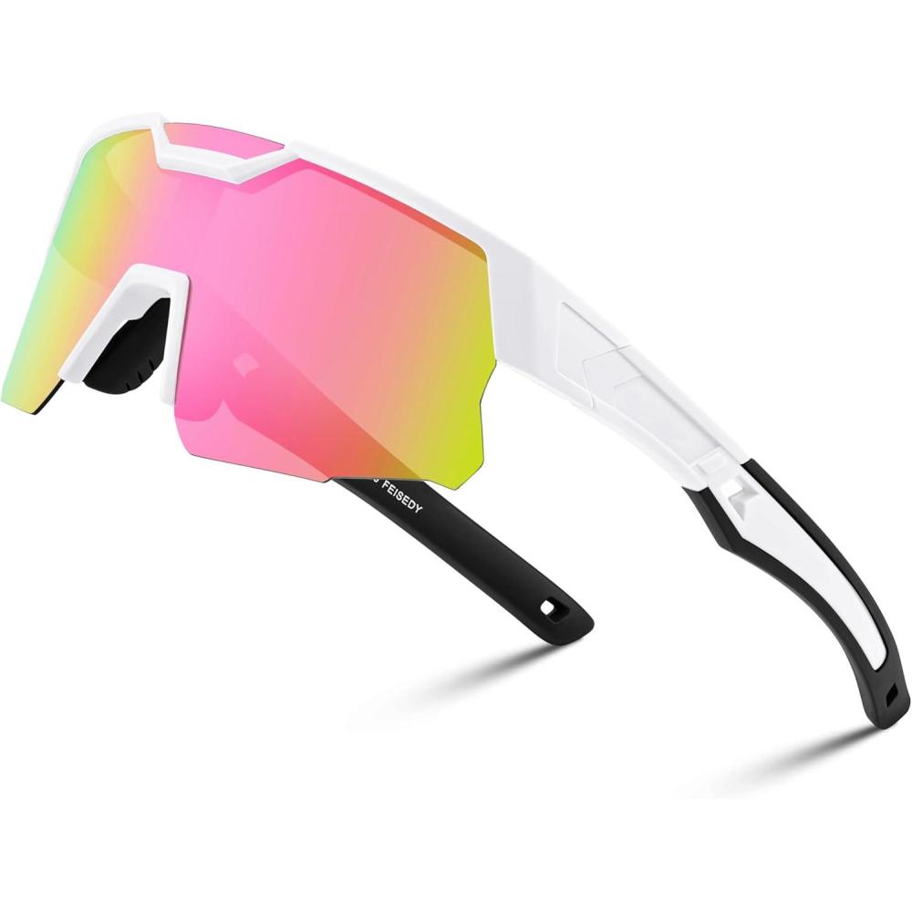 imageFEISEDY Kids Sunglasses Youth Baseball Sun Glasses UV400 Sports Teens Cycling Shades for Boys Girls Age 816 B0048White Frame Pink Mirrored Lens