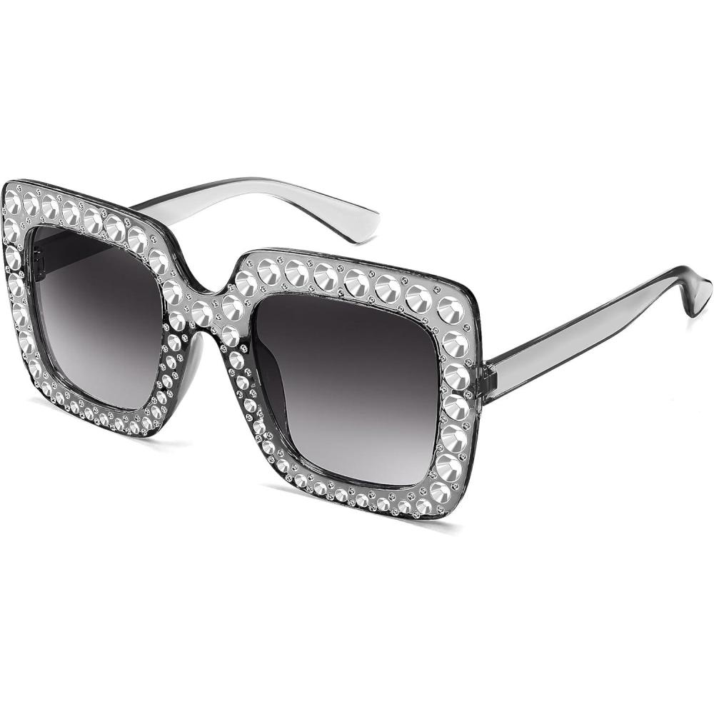 imageFEISEDY Kids Sunglasses for Girls Oversized Square Sparkling Party Sun Glasses Lightweight Fashion Shades B0053Transparent Grey Frame Gradient Grey Lens
