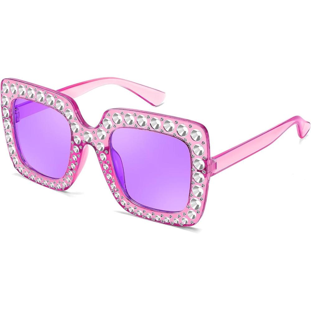 imageFEISEDY Kids Sunglasses for Girls Oversized Square Sparkling Party Sun Glasses Lightweight Fashion Shades B0053Transparent Purple Frame Purple Lens