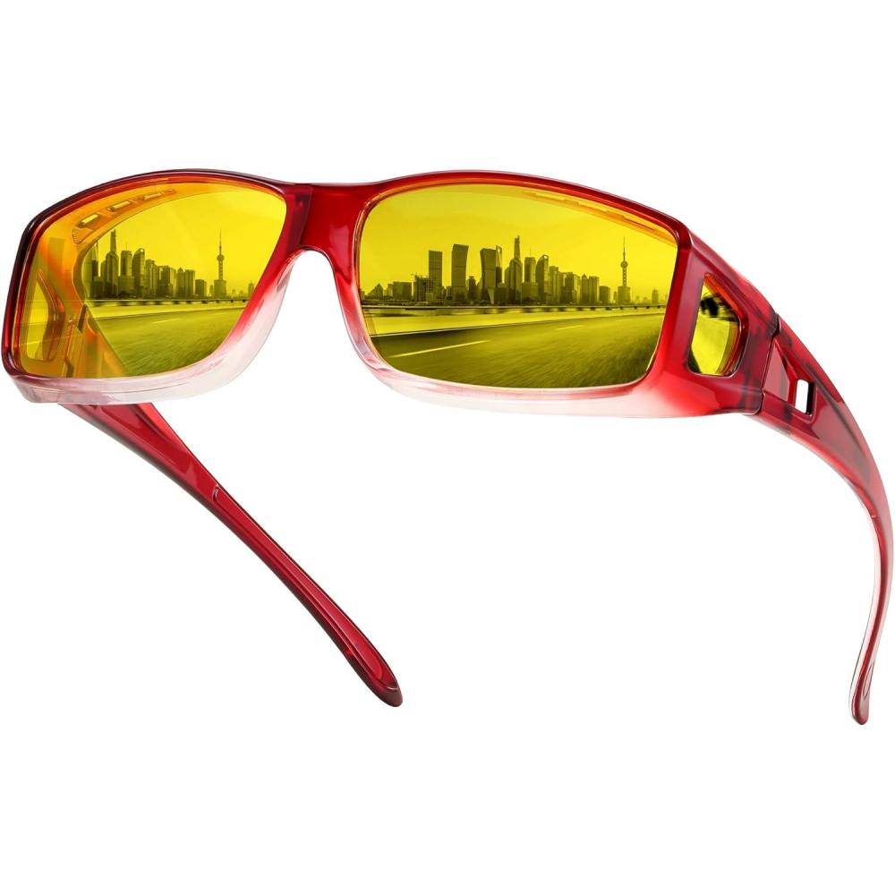 imageFEISEDY Night Driving Fit Over Glasses Sunglasses for Men WomenPolarized Wrap Around Yellow Sunglasses UV400 B2593Translucent Gradient Red Frame Night Vision Polarized Yellow Lenses