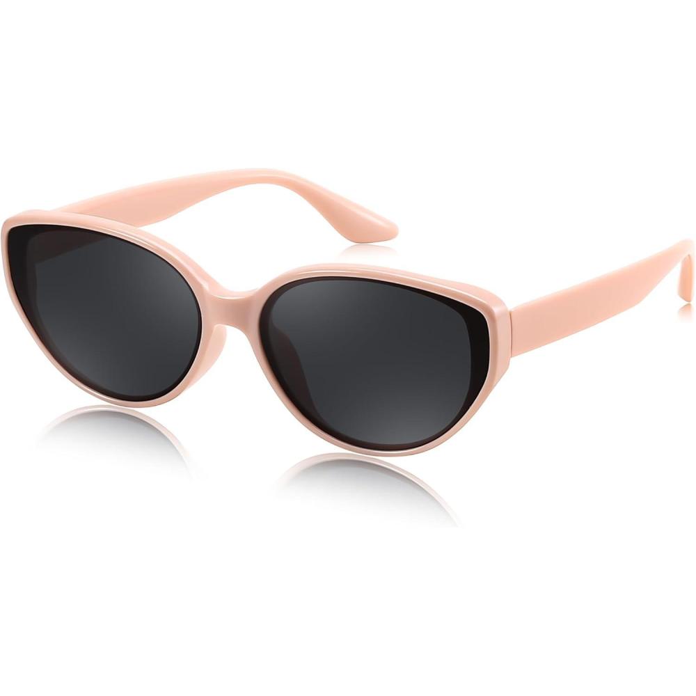 imageFEISEDY Oval Cat Eye Sunglasses for Women Vintage 90s Y2K Style Trendy Cute Sun Glasses B0228Pink Frame Grey Lens