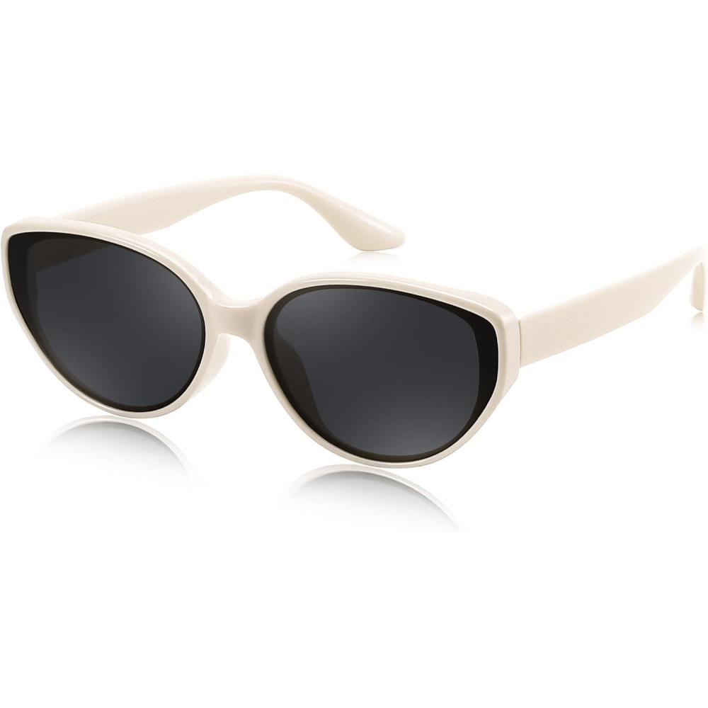 imageFEISEDY Oval Cat Eye Sunglasses for Women Vintage 90s Y2K Style Trendy Cute Sun Glasses B0228White Frame  Grey Lens