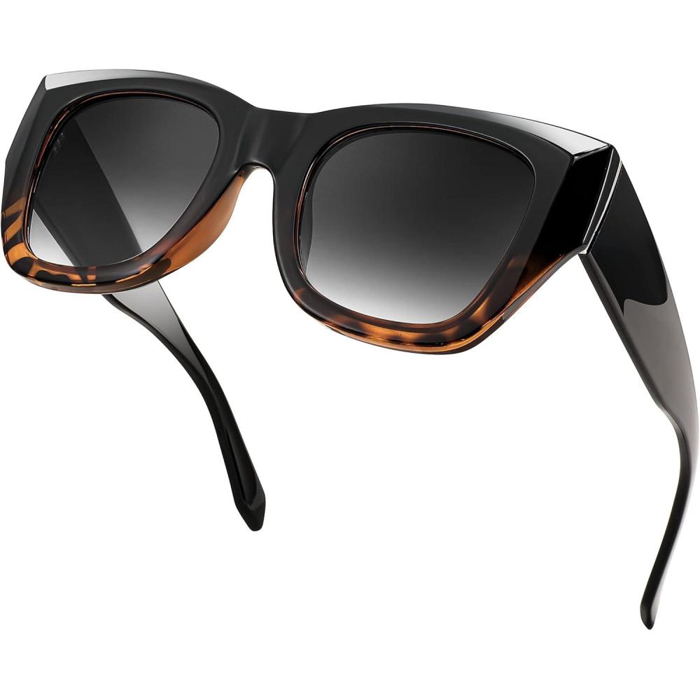 imageFEISEDY Oversized Cat Eye Sunglasses for Women Men Vintage Retro Thick Frame Luxury Trendy Shade UV400 Protection B2378Black Leopard