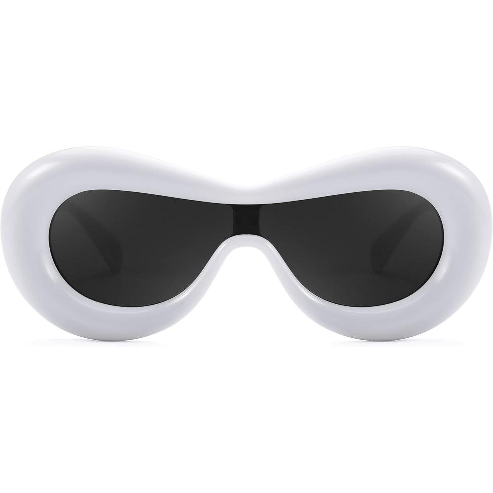 imageFEISEDY Oversized Inflated Oval Sunglasses for Women Men Fashion Thick Frame Y2K Glasses Funny Aesthetic Shades B9088 White 60MM