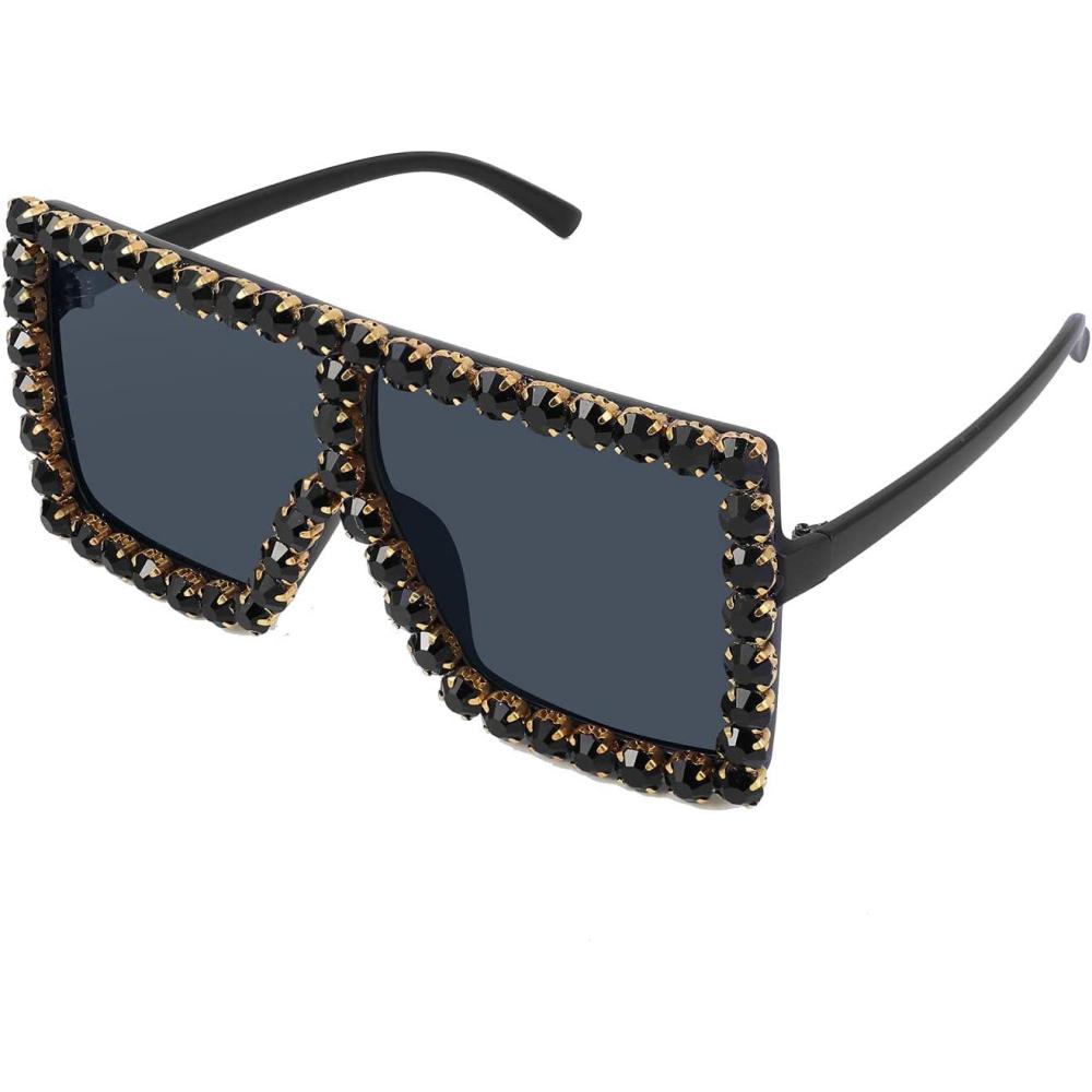 imageFEISEDY Oversized Sparkling Crystal Sunglasses Disco Diamond Flat Top Fashion Square Large Shades B2782001 Black Diamond Dark Grey Lens
