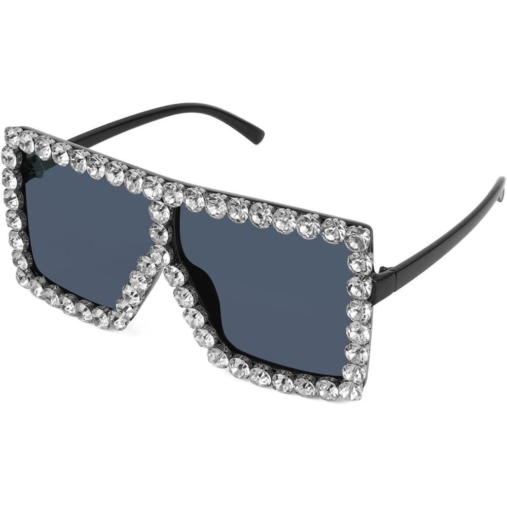 imageFEISEDY Oversized Sparkling Crystal Sunglasses Disco Diamond Flat Top Fashion Square Large Shades B2782003 White Diamond  Light Grey Lens