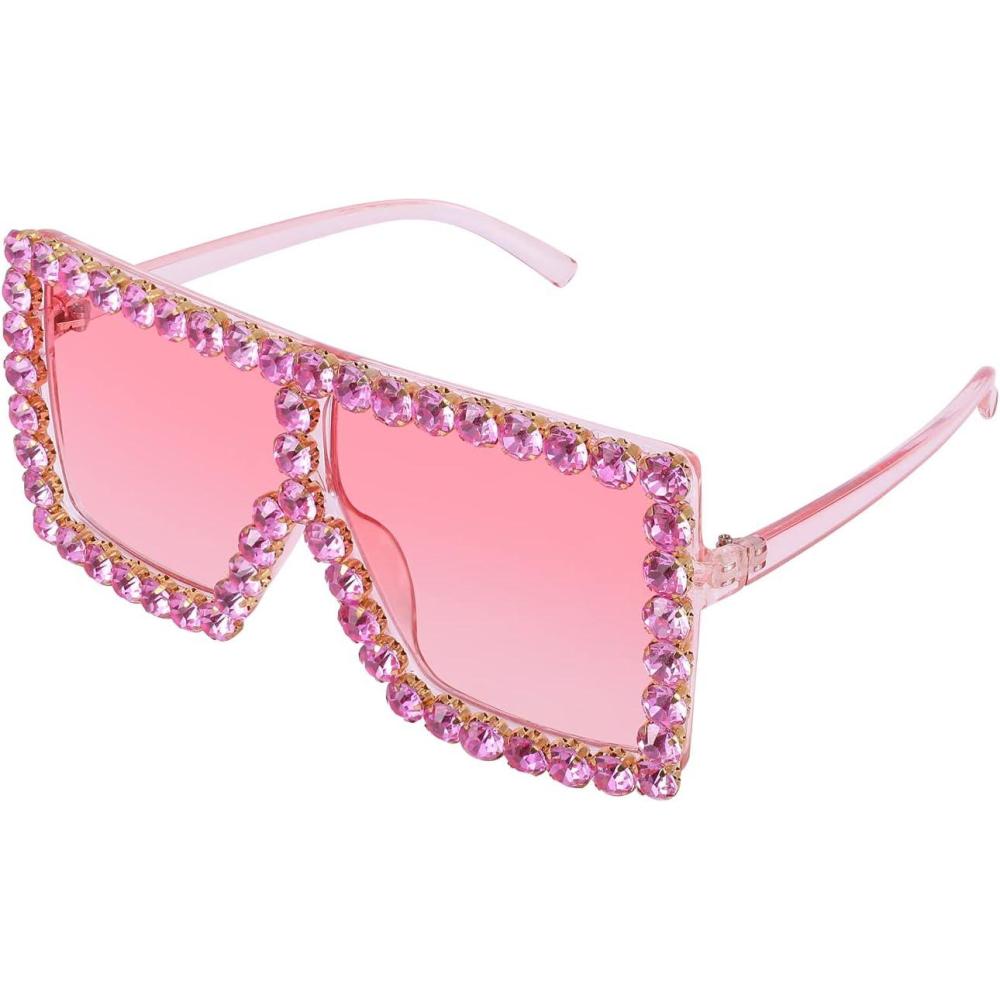 imageFEISEDY Oversized Sparkling Crystal Sunglasses Disco Diamond Flat Top Fashion Square Large Shades B2782004 Pink Diamond Gradual Pink Lens