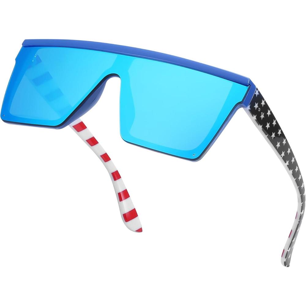 imageFEISEDY Oversized Sunglasses Mens Womens Flat Top Square Trendy Visor Shades UV400 B2470Blue Mirror Flag